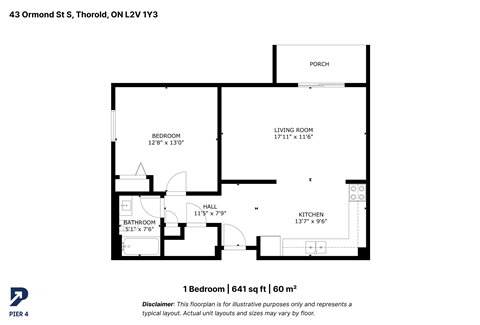 Floor plan for 1 bed, 1 bath, 651 sqft